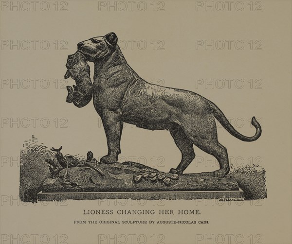 Lioness Changing her Home, Woodcut Engraving from the Original Sculpture by Auguste-Nicolas Cain, The Masterpieces of French Art by Louis Viardot, Published by Gravure Goupil et Cie, Paris, 1882, Gebbie & Co., Philadelphia, 1883