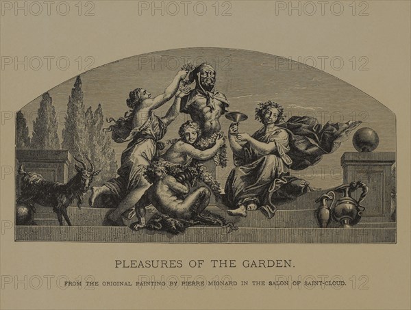 Pleasures of the Garden, Woodcut Engraving from the Original Painting by Pierre Mignard, The Masterpieces of French Art by Louis Viardot, Published by Gravure Goupil et Cie, Paris, 1882, Gebbie & Co., Philadelphia, 1883