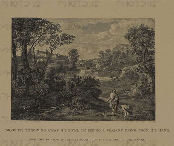 Diogenes Throwing Away his Bowl on Seeing a Peasant Drink from his Hand, Woodcut Engraving from the Original Painting by Nicolas Poussin, The Masterpieces of French Art by Louis Viardot, Published by Gravure Goupil et Cie, Paris, 1882, Gebbie & Co., Philadelphia, 1883