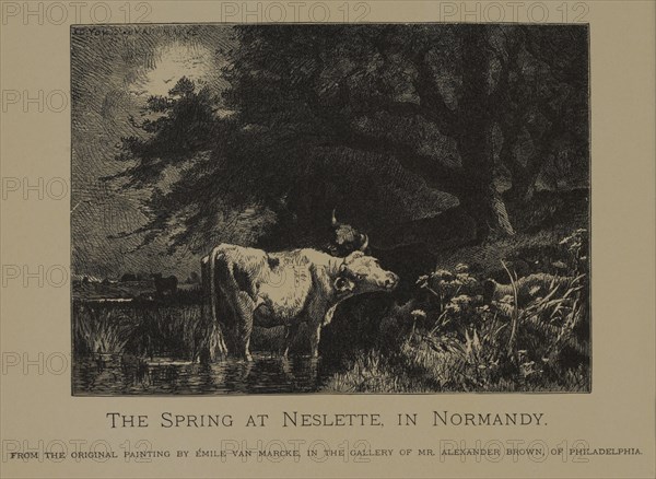 The Spring at Neslette, in Normandy, Woodcut Engraving from the Original Painting by Émile van Marcke, The Masterpieces of French Art by Louis Viardot, Published by Gravure Goupil et Cie, Paris, 1882, Gebbie & Co., Philadelphia, 1883