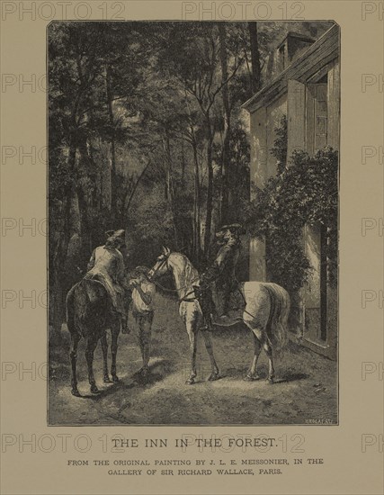 The Inn in the Forest, Woodcut Engraving from the Original Painting by Jean-Louis Ernest Meissonier, The Masterpieces of French Art by Louis Viardot, Published by Gravure Goupil et Cie, Paris, 1882, Gebbie & Co., Philadelphia, 1883