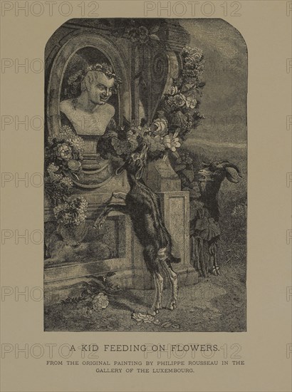 A Kid Feeding on Flowers, Woodcut Engraving from the Original 1855 Painting by Philippe Rousseau, The Masterpieces of French Art by Louis Viardot, Published by Gravure Goupil et Cie, Paris, 1882, Gebbie & Co., Philadelphia, 1883