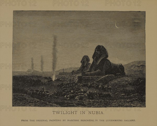 Twilight in Nubia, Woodcut Engraving from the Original 1864 Painting by Narcisse Berchère, The Masterpieces of French Art by Louis Viardot, Published by Gravure Goupil et Cie, Paris, 1882, Gebbie & Co., Philadelphia, 1883