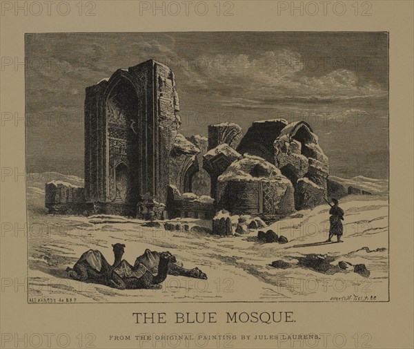 The Blue Mosque, Woodcut Engraving from the Original 1872 Painting by Jules Laurens , The Masterpieces of French Art by Louis Viardot, Published by Gravure Goupil et Cie, Paris, 1882, Gebbie & Co., Philadelphia, 1883