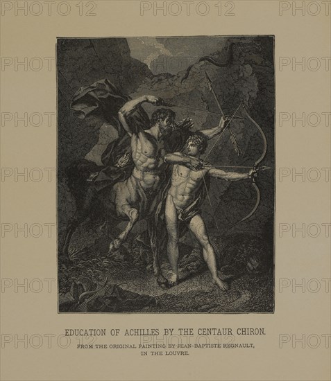 Education of Achilles by the Centaur Chiron, Woodcut Engraving from the Original 1782 Painting by Jean-Baptiste Regnault, The Masterpieces of French Art by Louis Viardot, Published by Gravure Goupil et Cie, Paris, 1882, Gebbie & Co., Philadelphia, 1883