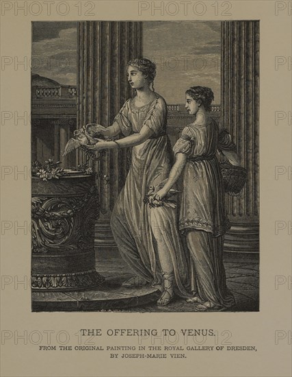 The Offering to Venus, Woodcut Engraving from the Original 1763 Painting by Joseph-Marie Vien, The Masterpieces of French Art by Louis Viardot, Published by Gravure Goupil et Cie, Paris, 1882, Gebbie & Co., Philadelphia, 1883