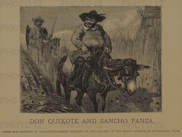 Don Quixote and Sancho Panza, Woodcut Engraving from the Original Painting by Alexandre-Gabriel Decamps, The Masterpieces of French Art by Louis Viardot, Published by Gravure Goupil et Cie, Paris, 1882, Gebbie & Co., Philadelphia, 1883