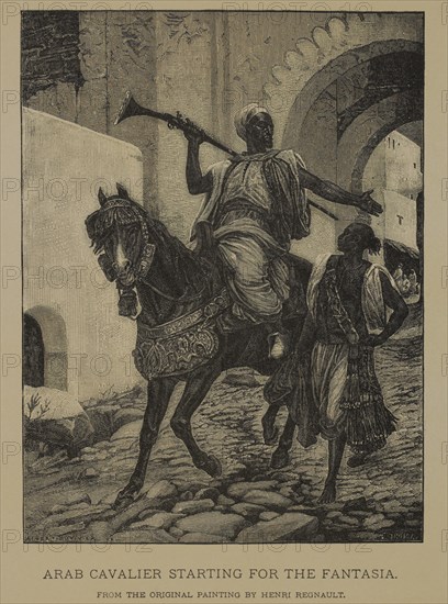 Arab Cavalier Starting for the Fantasia, Woodcut Engraving from the Original Painting by Henri Regnault, The Masterpieces of French Art by Louis Viardot, Published by Gravure Goupil et Cie, Paris, 1882, Gebbie & Co., Philadelphia, 1883