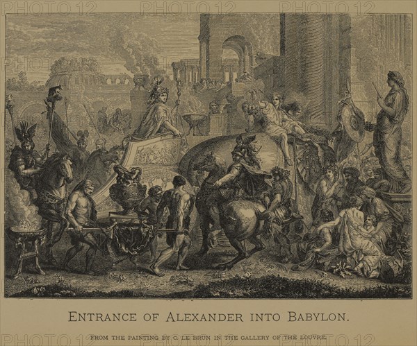 Entrance of Alexander into Babylon, Woodcut Engraving from the Original 1665 Painting by Charles Le Brun, The Masterpieces of French Art by Louis Viardot, Published by Gravure Goupil et Cie, Paris, 1882, Gebbie & Co., Philadelphia, 1883