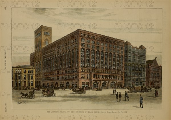 The Auditorium Building now Being Constructed in Chicago, Illinois, Drawn by Hughson Hawley, Harper's Weekly, July 2, 1887