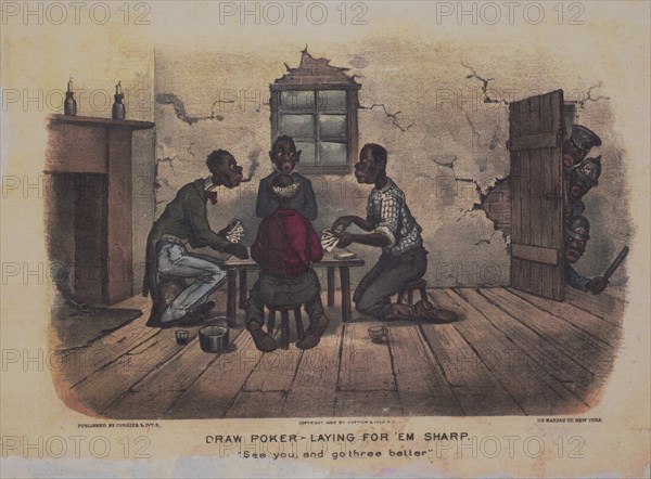 Draw Poker, Laying for 'Em Sharp, "See you , and go three better", Currier and Ives, 1886