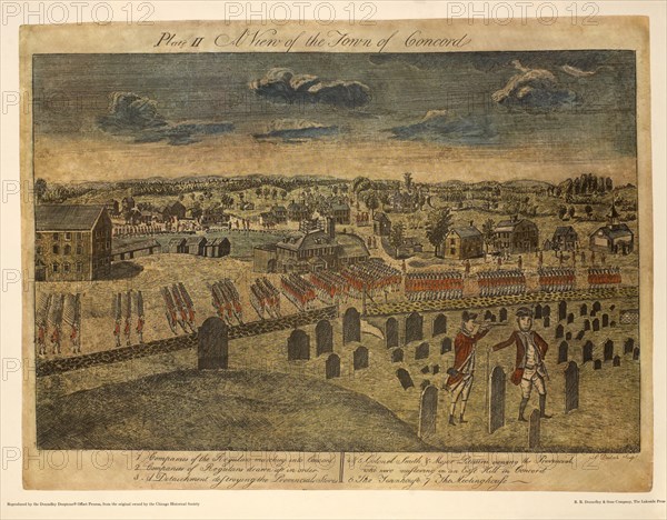 A View of the Town of Concord, Plate II, by Ralph Earl, 1775, Hand-Colored Etching and Engraving by Amos Doolittle, Printed by R. R. Donnelley & Sons Company