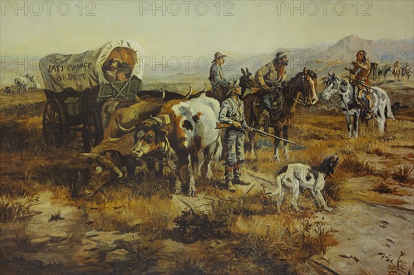 Last Chance or Bust, Wagon Train Confronted by Native Americans, Western Frontier, 1870