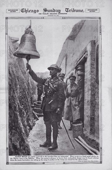 Officer Ringing Alarm Bell in Trench, Florina Front Line, Balkans, WWI, Chicago Sunday Tribune, August 26, 1917
