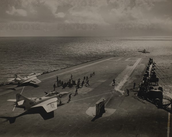 U.S. Navy Grumman F9F-8 Cougar Fighter Aircraft of Attack Squadron 44 (VA-44) being Launched from USS Saratoga during its Shakedown Cruise, Caribbean Sea, September 3, 1956