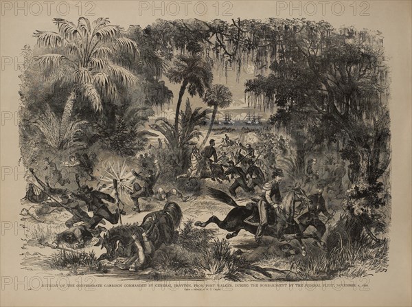 Retreat of the Confederate Garrison Commanded by General Drayton, From Fort Walker, during the Bombardment by the Federal Fleet, November 7, 1861, from a sketch by W.T. Crane