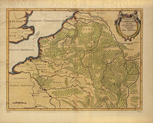 Germaniae Cisrhenanae ut Circa Julii Caesaris Suit Aetatem, Descriptio, Map of German Empire to West of the Rhine River, into Belgium and France, during the time of Julius Caesar, by German Geographer Philipp Clüver, Published in Germaniae Antiquae Libri Tres, 1631