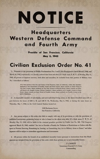 Civilian Exclusion order #41, Part I, Directing Removal by May 11 of Persons of Japanese Ancestry, 1530 Buchanan Street, San Francisco, California, USA, May 1942