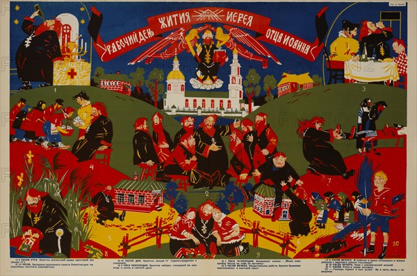 Anti-Religion Propaganda Poster, "A Day in the Life of a Priest", Bezbozhnik u Stanka Magazine, Illustration by Dmitry Moor, Russia, 1920's
