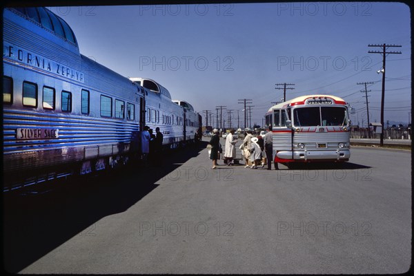 Group of People Getting Ready to Board California Zephyr Train after Arriving from Oakland Bus, San Francisco, California, USA, 1963