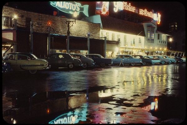 Parked Cars on Rainy Night, Fisherman's Wharf, San Francisco, California, USA, 1957