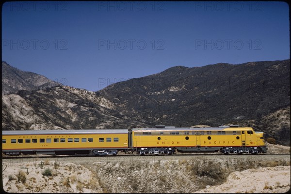 Union Pacific Diesel Locomotive Train, Sullivan's Curve, Cajon Pass, California, USA, 1964