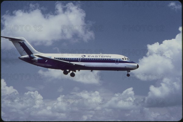 Eastern Airlines DC-9-10 Commercial Jet on Approach to Runway, 1960's