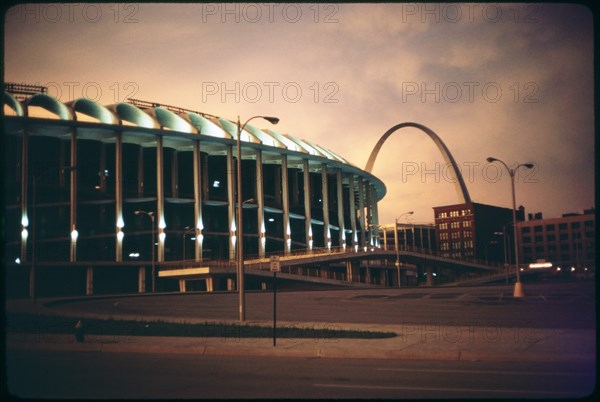Busch Stadium and Arch at Sunset, Saint Louis, Missouri, USA, 1967
