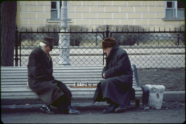 Two Men Playing Chess in Park, Leningrad (St. Petersburg), U.S.S.R., 1958