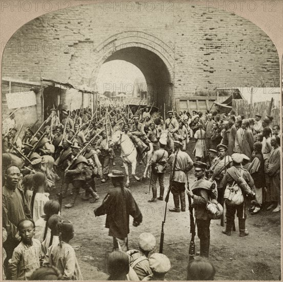 Soldiers of the Russian Empire Passing through the Gates of Munchin, Manchuria, Single Image of Stereo Card, B.W. Kilburn, 1905