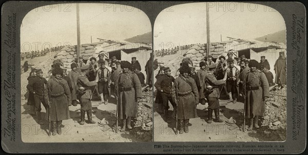 The Surrender-Japanese Sentinels Relieving Russian Sentinels in an outer fort, Port Arthur, Stereo Card, Underwood & Underwood, 1905