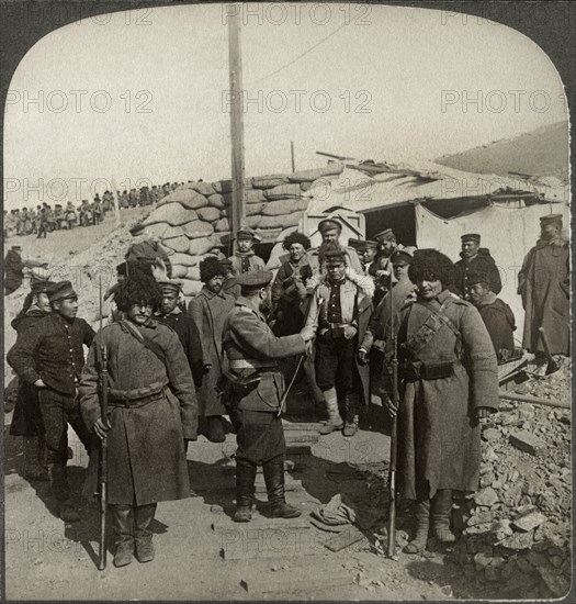 The Surrender-Japanese Sentinels Relieving Russian Sentinels in an outer fort, Port Arthur, Single Image of Stereo Card, Underwood & Underwood, 1905