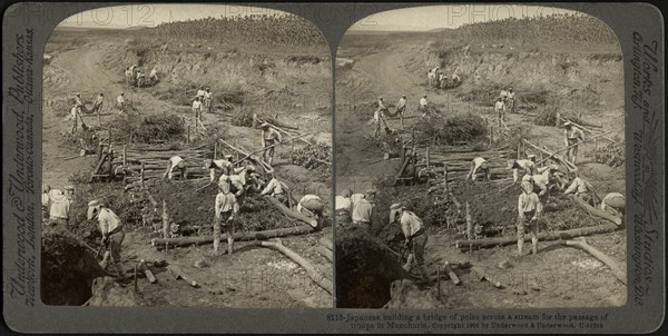 Japanese building a bridge of poles across a stream for the passage of troops in Manchuria, Stereo Card, Underwood & Underwood, 1906