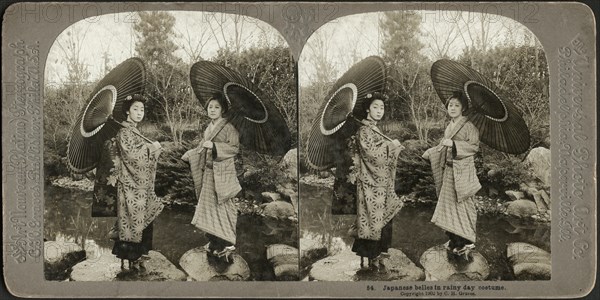Japanese belles in Rainy Day Costume, Stereo Card, C.H. Graves, Universal Photo Art, 1902