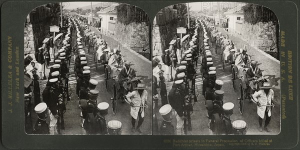Buddhist Priests in Funeral Procession of Officers killed at Port Arthur, Hiroshima, Japan, Stereo Card, J.J. Killelea & Co., 1906