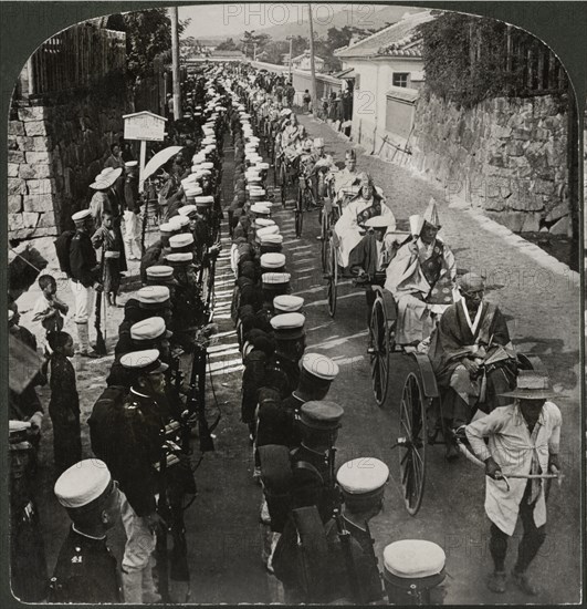 Buddhist Priests in Funeral Procession of Officers killed at Port Arthur, Hiroshima, Japan, Single Image of Stereo Card, J.J. Killelea & Co., 1906