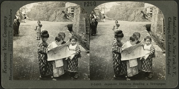 Japanese Children Reading a Newspaper, Stereo Card, Keystone View Company, 1910