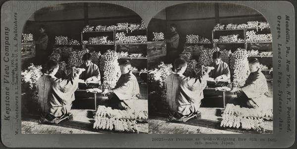 As Precious as Gold-Weighing Raw Silk on Delicate Scales, Japan, Stereo Card, Keystone View Company, 1905