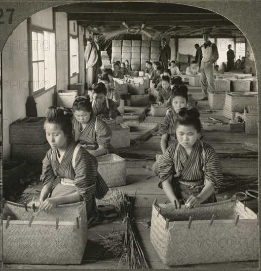 Girls Putting the Finishing Touches on Bamboo Baskets, Japan, Single Image of Stereo Card, Keystone View Company, 1905