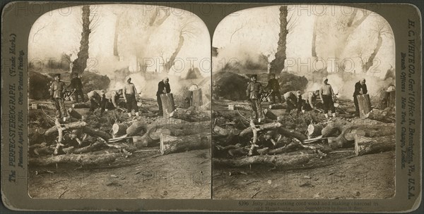 Jolly Japs Cutting Cord Wood and making Charcoal in Cold Manchuria, Stereo Card, James H. Hare, Perfec Stereography, 1905