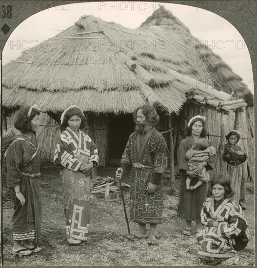 A Group of Pure-Blooded Japanese Aborigines-Ainus on the Island of Hokkaido, Single Image of Stereo Card, Keystone View Company, Early 1900's