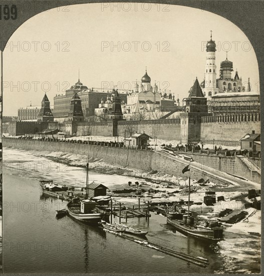 The Kremlin in Winter, Seen from the Moskva River, Moscow, Russia, Single Image of Stereo Card, Keystone View Company, Early 1900's