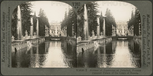 Avenue of Fountains at Peterhof, Former Summer Palace of the Czars of Russia, Stereo Card, Keystone View Company, early 1900's