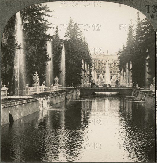 Avenue of Fountains at Peterhof, Former Summer Palace of the Czars of Russia, Single Image of Stereo Card, Keystone View Company, early 1900's