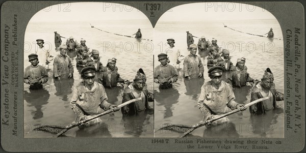 Russian Fishermen Drawing their Nets on the Lower Volga River, Russia, Stereo Card, Keystone View Company, early 1900's