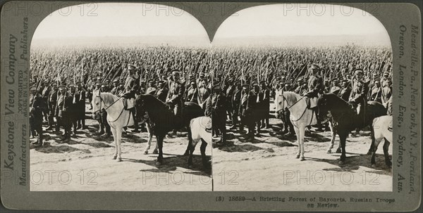 A Bristling Forest of Bayonets, Russian Troops on Review, Stereo Card, Keystone View Company, early 1900's