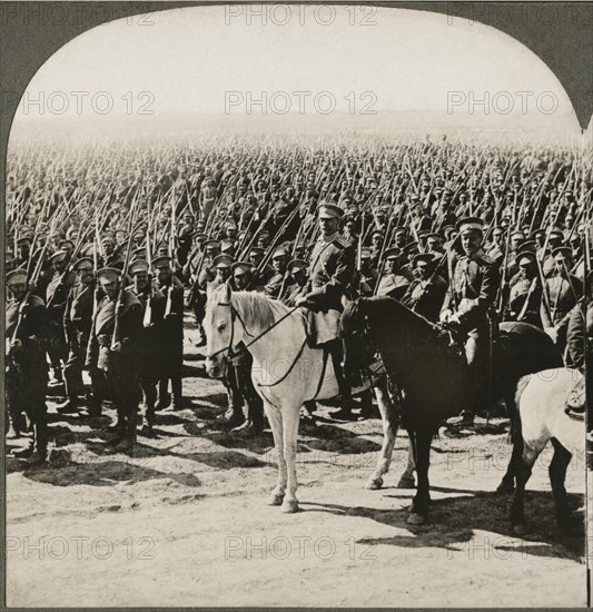 A Bristling Forest of Bayonets, Russian Troops on Review, Single Image of Stereo Card, Keystone View Company, early 1900's