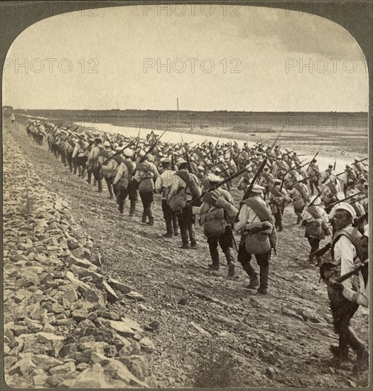 An Advance of Russian Troops in the Far East-Marching along the Chinese Imperial Railway, Single Image of Stereo Card, Underwood & Underwood, 1904