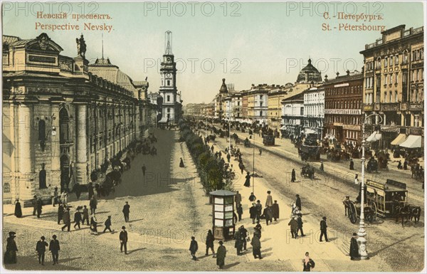 Street Scene, Nevsky Prospect, St. Petersburg, Russia, Hand-Colored Postcard, early 1900's