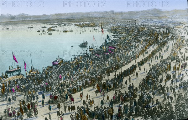 Pilgrims at Ganges River, Allahabad, India, Hand-Colored Magic Lantern Slide, Newton & Company, 1915